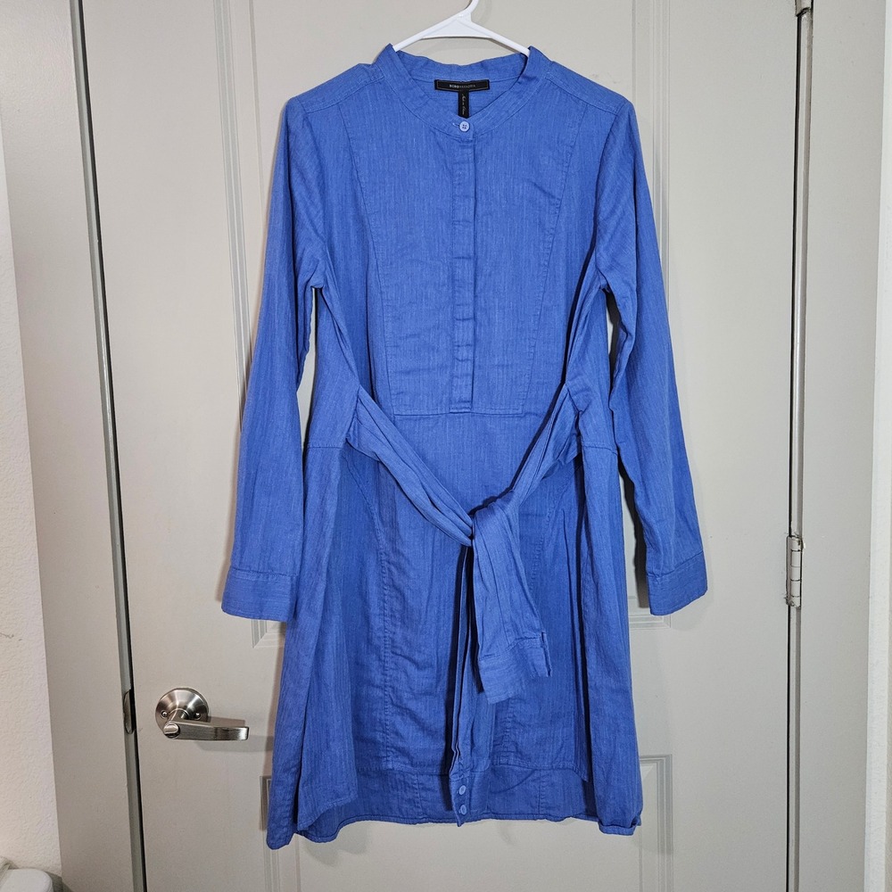 BCBGMAXAZRIA Womens Blue Cotton Long Sleeve Belted Shirt Dress Size M